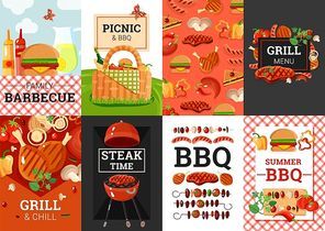 Barbecue grill picnic summer outdoor party weekend 8 banners composition poster with bbq accessories isolated vector illustration