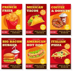 Set of posters in red yellow colors with fast food dishes coffee and donuts isolated vector illustration