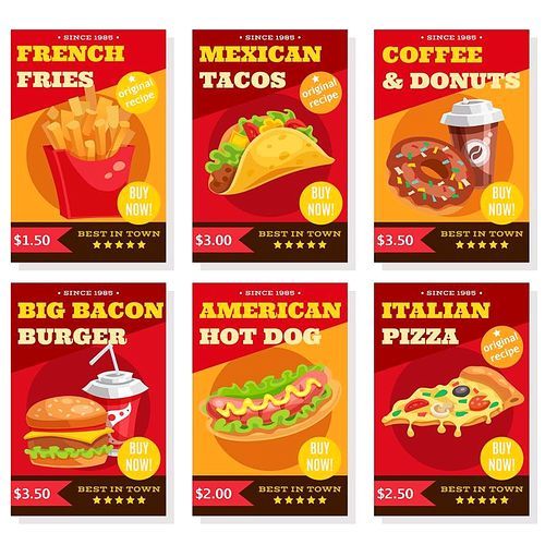 Set of posters in red yellow colors with fast food dishes coffee and donuts isolated vector illustration