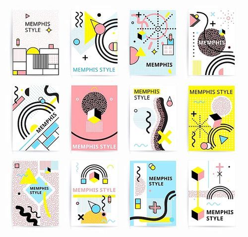 Colorful abstract memphics style posters with geometric figures and lines set doodle isolated vector illustration