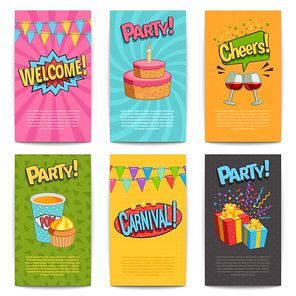 Party comic posters set with fun symbols flat isolated vector illustartion