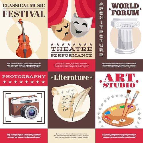 Arts set of posters with music festival theatrical performance architecture literature photography painting studio isolated vector illustration