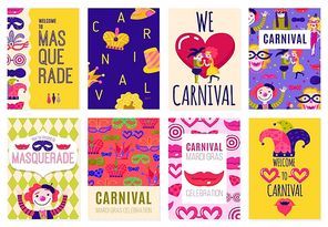 Set of eight  isolated carnival advertising posters with invitation to costume parties flat vector illustration