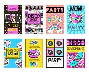 Colored stylish fashion patch badges banner set with disco night wow party disco evening descriptions vector illustration