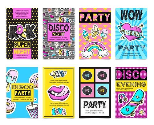Colored stylish fashion patch badges banner set with disco night wow party disco even descriptions vector illustration