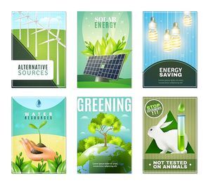 Alternative green energy sources environment protection and ban tests on animals 6 mini ecological banners isolated vector illustration