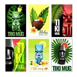 Set of vertical hawaiian cards with tiki mug, fruits, flowers, coconut cocktail, tropical plants isolated vector illustration