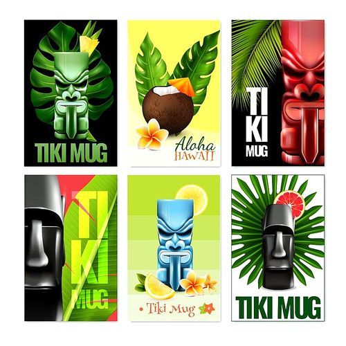 Set of vertical hawaiian cards with tiki mug, fruits, flowers, coconut cocktail, tropical plants isolated vector illustration