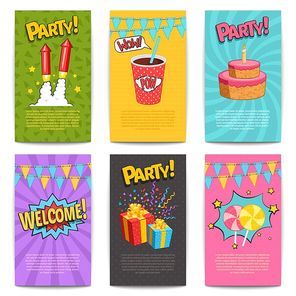 Carnival comic posters set with fireworks and presents symbols flat isolated vector illustartion