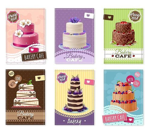 Bakery banners set with fruit and chocolate cakes cartoon isolated vector illustration