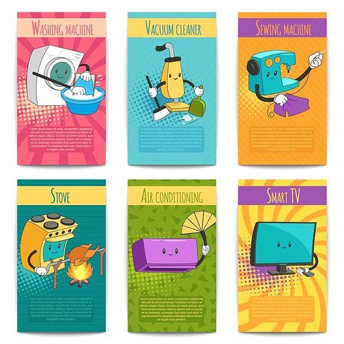 Six colored comic posters on domestic theme with household appliances in cartoon style flat vector illustration