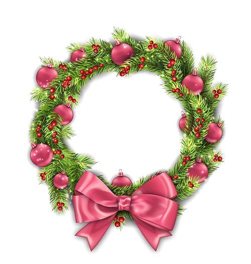 Christmas Wreath with Pink Balls and Bow, New Year Decoration on White Background - Illustration Vector