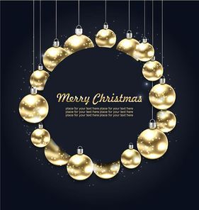 Christmas Golden Glowing Balls with Celebration Card, Dark Background - Illustration Vector