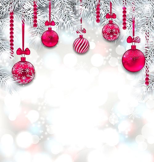 Shimmering Light Wallpaper with Fir Branches and Christmas Pink Balls for Happy Winter Holidays - Illustration Vector