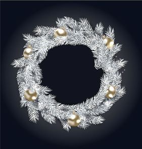 Christmas Wreath with Golden Balls, New Year and Christmas Decoration, on Dark Background - Illustration Vector