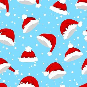 Seamless Pattern with Santa Hats and Snow on Blue Background, Set Different Christmas Caps - Illustration Vector