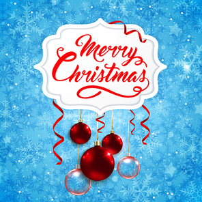Vector Christmas banner with red baubles and greeting inscription on a blue background. Merry Christmas lettering