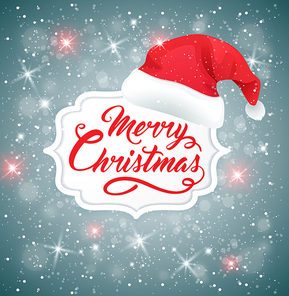 Vector Christmas background with hat of Santa Claus. Merry Christmas lettering