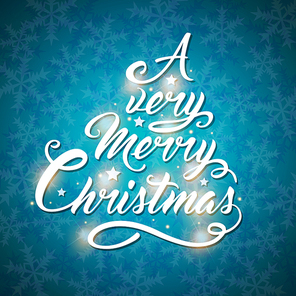 Vector greeting inscription in the form of a Christmas tree on a blue background. Merry Christmas lettering