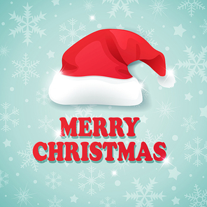 Vector Christmas background with snowflakes and hat of Santa Claus. Merry Christmas lettering