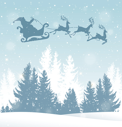Christmas vector background with Santa Claus and winter snowy landscape. New Year greeting card