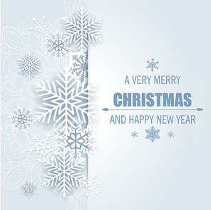 Decorative vector Christmas background with white paper snowflakes. Merry Christmas lettering.