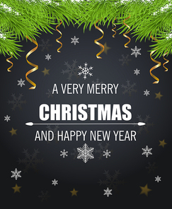 Vector Christmas card with snowflakes, green fir branch and greeting inscription on a black background.