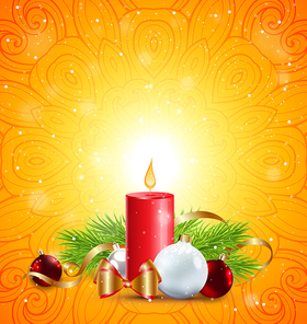 Christmas greeting card with red candle, green fir branch and white decorations on an orange background.