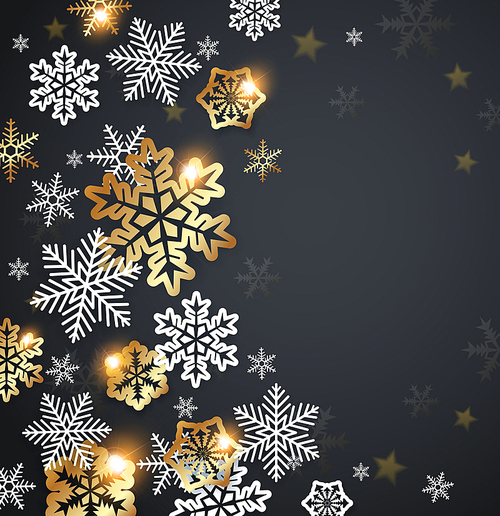 Vector Christmas greeting card. White and golden snowflakes on a black background.