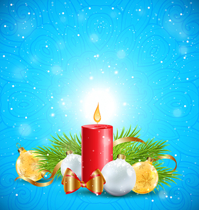 Christmas greeting card with red candle, green fir branch and white decorations on a blue background.