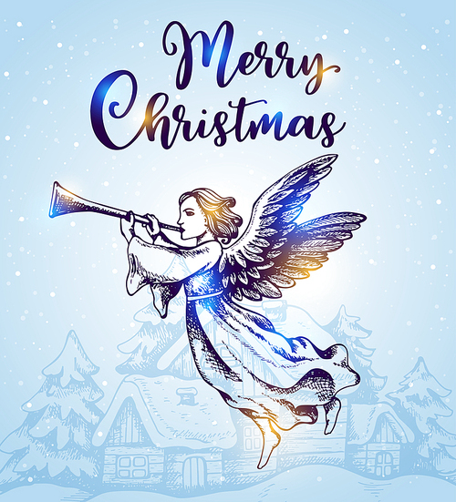 Christmas angel flies over houses and blows into the trumpet. Hand drawn vector greeting card in vintage style. Merry Christmas lettering