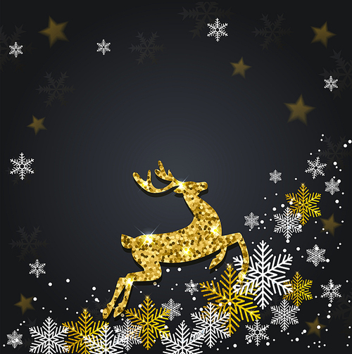 Vector Christmas greeting card. Snowflakes and golden glitter deer on a black background.