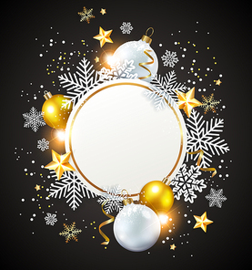 Abstract vector Christmas round banner with snowflakes. White and golden decorations on a black background.