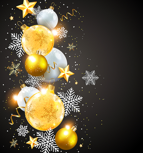 Abstract vector Christmas card with snowflakes. White and golden decorations on a black background.