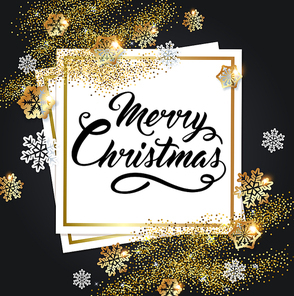 Vector golden shining Christmas background with snowflakes and paper frame. Merry Christmas lettering.