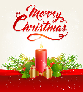 Vector Christmas background with red candle, fir branch and greeting inscription. Merry Christmas lettering