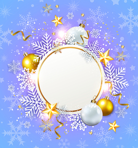 Abstract vector Christmas round banner. Holiday background with white snowflakes and golden decorations.