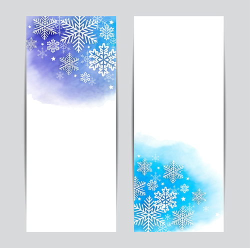 Christmas vertical banners. White snowflakes on a blue watercolor background.
