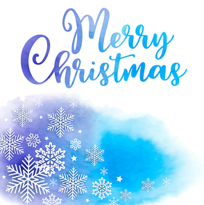 White snowflakes on a blue watercolor background. Christmas greeting card.