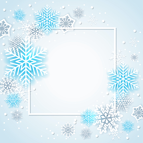 Holiday background with white and blue snowflakes in frame. Abstract Christmas banner.