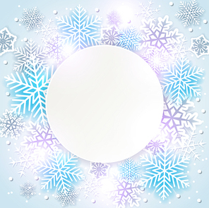 Shining holiday background with white and blue snowflakes. Abstract round Christmas banner.