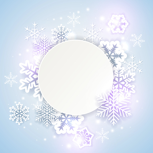 Shining holiday background with white paper snowflakes. Abstract round Christmas banner.