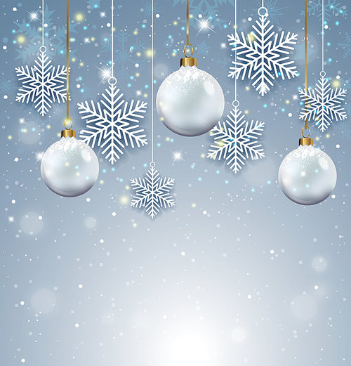 Holiday background with white Christmas decorations and paper snowflakes. Vector illustration.