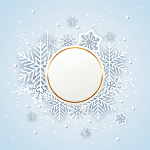 Golden holiday background with white paper snowflakes. Abstract round Christmas banner.