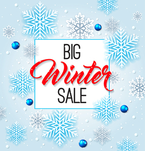 Design for Seasonal Winter Christmas Sale. White snowflakes on a blue background. Vector illustration