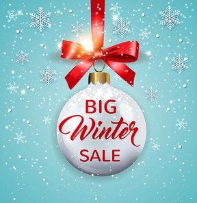 Design for Seasonal Winter Christmas Sale. White decoration, snowflakes and red bow on a blue background. Vector illustration