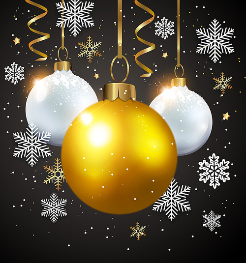 Vector greeting Christmas card with snowflakes and baubles. White and golden decorations on a black background.