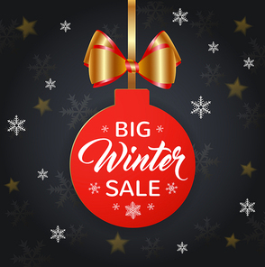 Design for Seasonal Winter Christmas Sale. Red decoration, snowflakes and golden shining bow on a black background. Vector illustration