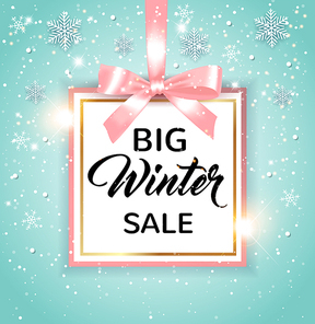 Decorative vector winter background with white snowflakes and lettering. Design for seasonal Christmas sale with pink frame and bow