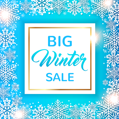 Decorative winter frame with white snowflakes on a blue background. Design for seasonal Christmas sale. Vector illustration